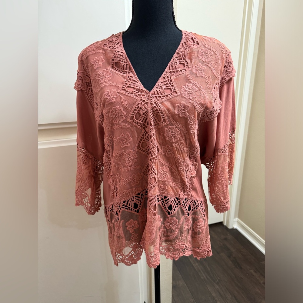 Pink lace top, flowy lace sleeves. Size medium